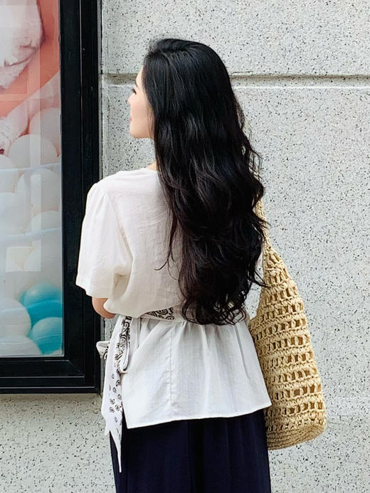 【百图lulu定制】【海岸线衬衫】亚麻莱赛尔混纺  凉爽  收腰丝巾 短袖衬衫 商品图10