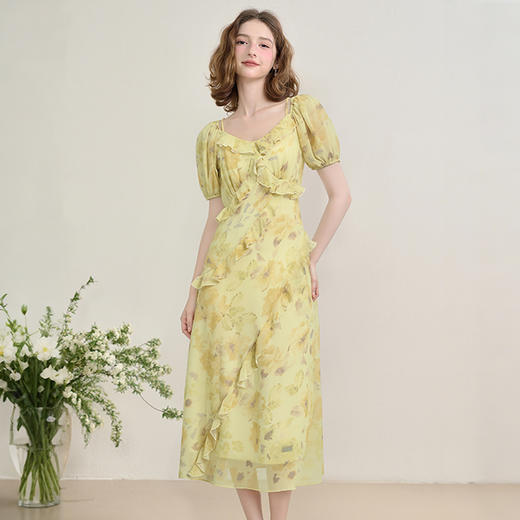 法式浪漫复古荷叶边泡泡袖碎花裙夏季桃心领收腰连衣裙V1350844 商品图0
