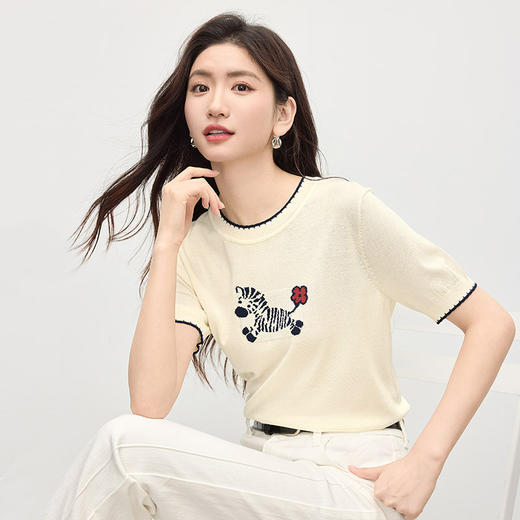 熙世界小马提花针织衫女短袖2025夏新款百搭宽松圆领薄款冰丝上衣 商品图3