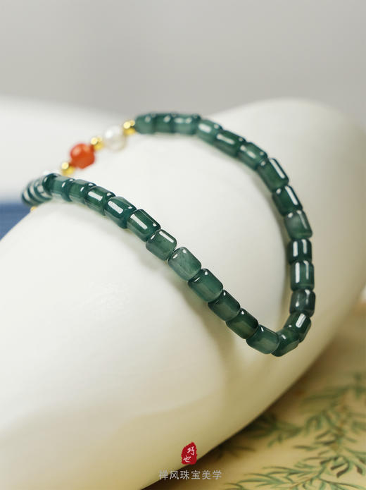 巧也【青玉案.思】蓝水翡翠竹节珠配南红珍珠手珠国风手串禅意风 商品图5