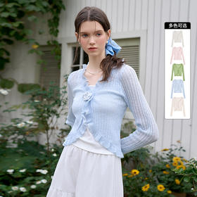 西遇蓝色薄款针织开衫女新款花朵荷叶边防晒短款外套D0050410