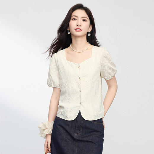 熙世界新中式国风绣花衬衫女夏季2025新款独特别致方领泡泡袖上衣 商品图3