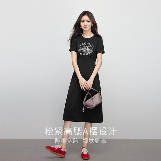 【专属特价】熙世界美式复古印花连衣裙女夏装休闲收腰修身黑色纯棉短袖T恤裙 商品图2
