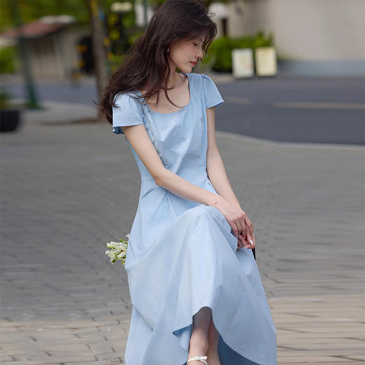【周末秒杀】熙世界蓝色方领连衣裙女2025夏季新款法式度假气质大方得体的裙子 商品图4