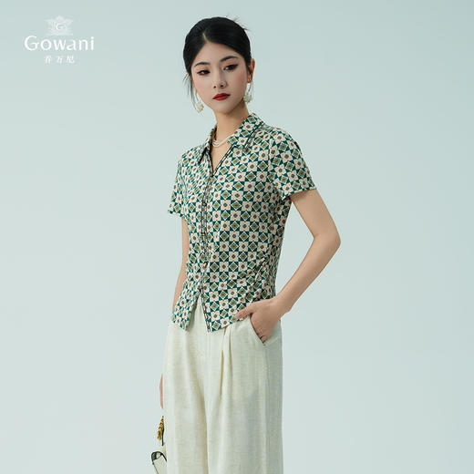 乔万尼新品真丝复古格纹V领收腰显瘦衬衫上衣ED2C535 商品图2