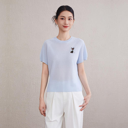 「自」全新升级【铂金会员238/天猫319/差价81】(43347)洛诗琳圆领插肩袖刺绣T恤2025夏季简约百搭气质减龄针织上衣 商品图1