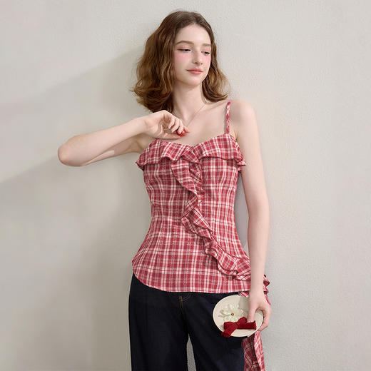 【明媚少女】辣妹复古红色格纹收腰荷叶边吊带女夏季上衣V1050593 商品图4