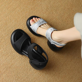 【预售5天】法式简约厚底一字带休闲凉鞋夏新款外穿圆头浅口增高百搭罗马女鞋DTN&300-30