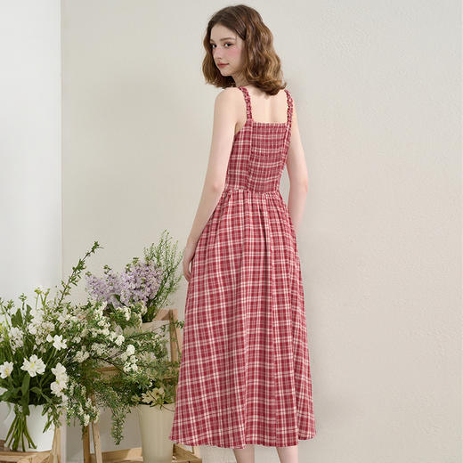 法式气质复古红色格纹木耳边吊带裙女夏季收腰连衣裙V1050583 商品图3