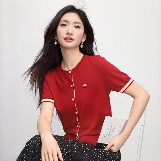 【五折购】熙世界仿亚麻冰丝针织衫女薄款夏季刺绣短袖开衫上衣2025夏季新款 商品图3