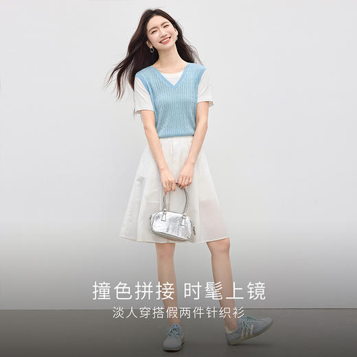 【周末秒杀】熙世界撞色短袖假两件针织衫女夏2025新款设计感正肩T恤拼接上衣 商品图2