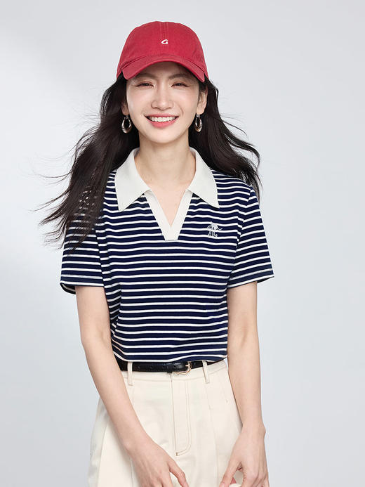 【专属特价】熙世界POLO领条纹T恤短袖女士洋气减龄刺绣正肩上衣2025夏新款 商品图1