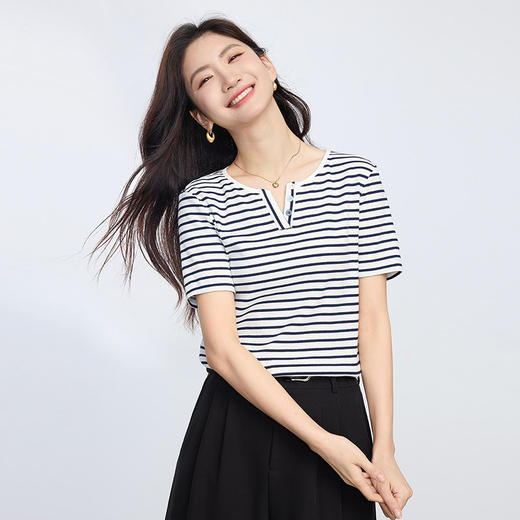 熙世界复古撞色条纹T恤女短袖2025夏季新款时尚宽松休闲百搭上衣 商品图4