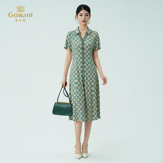 乔万尼新品100%真丝V领修身格纹印花中长款连衣裙ED2E536 商品图3