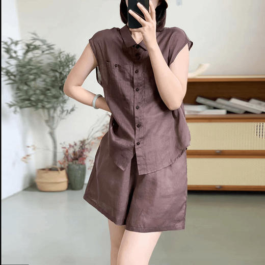 MZ18858欧货高级感休闲运动套装女2025新款夏季飞飞袖亚麻衬衫短裤两件套 商品图3