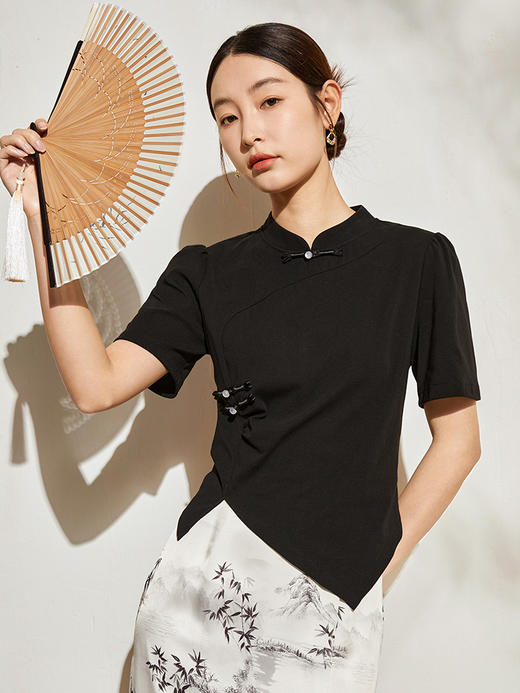 【专属特价】熙世界国风盘扣T恤水墨画半身裙两件套2024年夏季新中式女装套装 商品图3