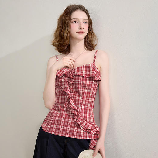 【明媚少女】辣妹复古红色格纹收腰荷叶边吊带女夏季上衣V1050593 商品图0
