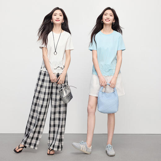 熙世界2025夏季浮雕式镂空绣花T恤女短袖设计感别致纯棉蓝色上衣 商品图2