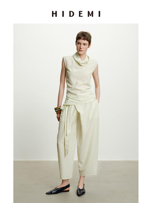 HIDEMI极简设计感不对称扭扭腰拉链破缝多穿式清透感可再生天丝背心茧型裤套装 堆堆领背心/不对称绑带茧型裤  奶茶米/杏仁绿 商品图5