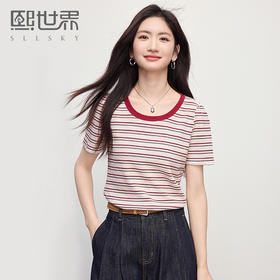 熙世界正肩条纹T恤女士夏季2025新款气质短袖圆领肌理感针织上衣