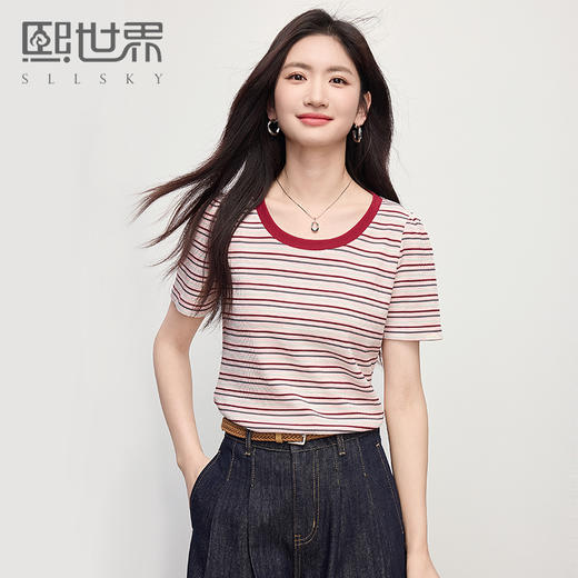 熙世界正肩条纹T恤女士夏季2025新款气质短袖圆领肌理感针织上衣 商品图0