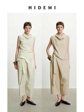 HIDEMI极简设计感不对称扭扭腰拉链破缝多穿式清透感可再生天丝背心茧型裤套装 堆堆领背心/不对称绑带茧型裤  奶茶米/杏仁绿