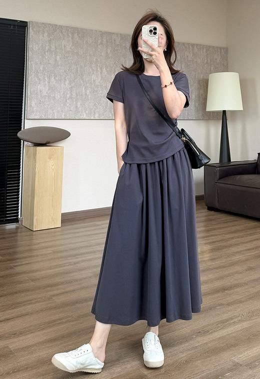 重塑腰线松弛套装遮肉收腰开叉短袖T垂感口袋A字裙 商品图0