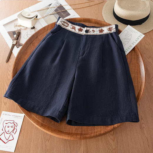 「自」全新升级【铂金会员146/天猫199/差价53】(70952)洛诗琳天丝亚麻五分裤2025夏季刺绣高腰休闲阔腿短裤女 商品图1