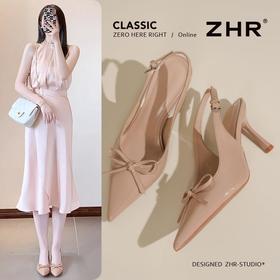 ZHR则则裸色尖头高跟鞋子2025新款夏季法式气质单鞋后空包头凉鞋