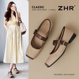 ZHR则则复古摩登粗跟玛丽珍鞋女鞋2025新款优雅方头平底柔软单鞋