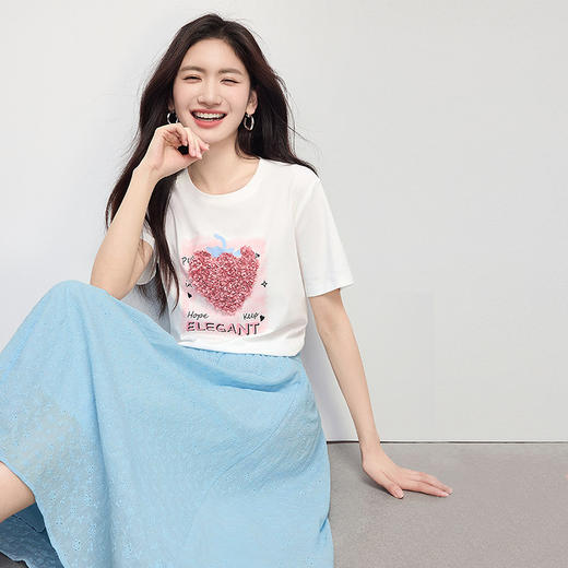 【专属特价】熙世界巨好看的夏天套装女新款时尚减龄印花T恤纯棉半身裙两件套 商品图4
