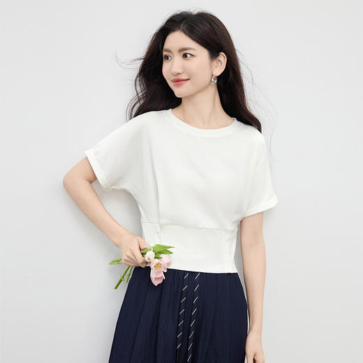 【专属特价】熙世界天丝棉收腰T恤女短袖夏季新款修身显瘦圆领莱赛尔短款上衣 商品图4
