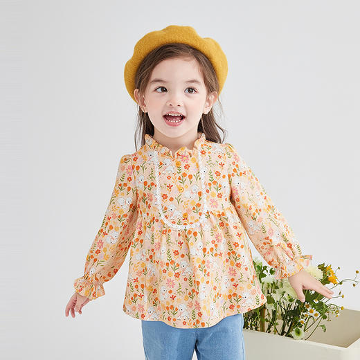 笛莎Deesha 童装女童衬衫2025秋新款女童优雅木耳边花边装饰小羊花版衬衫 商品图0