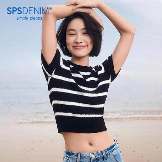 simplepiecesT恤女夏季新品圈圈纱条纹短袖针织衫T恤 商品图0