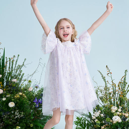 mettekids儿童连衣裙2025夏季新款纱裙女童法式碎花紫色大童裙子 商品图3