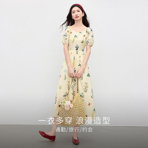 【专属特价】熙世界夏日绝美植物碎花连衣裙女2025新款度假风独特漂亮掐腰裙子 商品图1