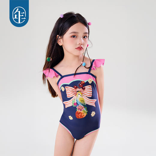 年衣童装女童连体泳衣无袖2025年夏季新款新中式莓莓鹦鹦泳装 商品图0