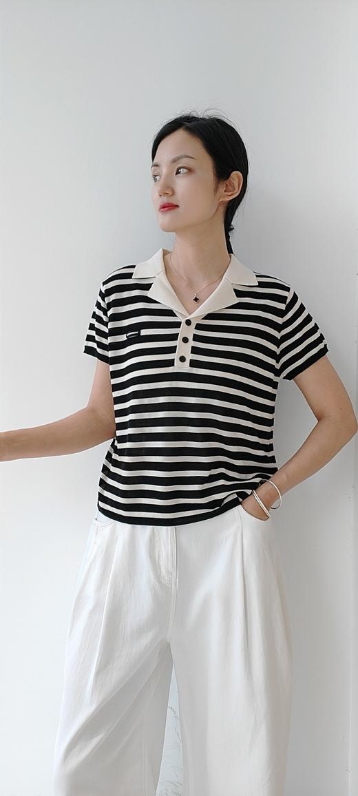 582101  100%莱赛尔天丝针织翻领条纹衫,均码阔版有弹力！百搭单品！夏季可外穿，春秋可打底！ 商品图0