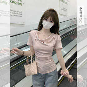 西遇荡领短袖t恤女2025年夏季新款系带褶皱修身显瘦正肩短款上衣SS051014