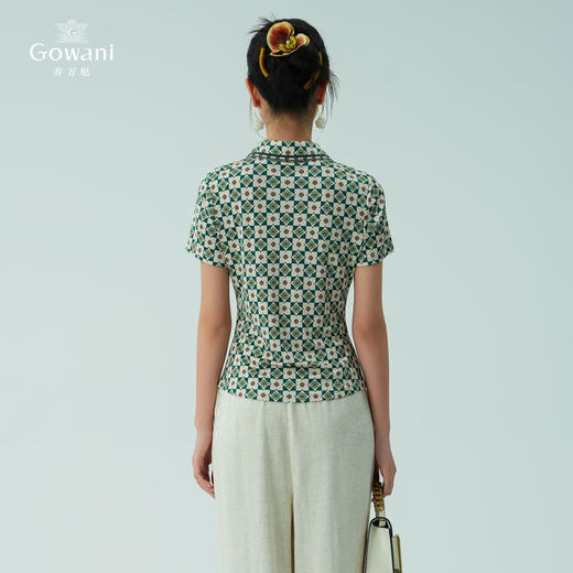 乔万尼新品真丝复古格纹V领收腰显瘦衬衫上衣ED2C535 商品图4