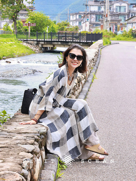 PETIT SCHAN小闪 CLO#849 Sojourner 旅居者 纯亚麻抽绳格纹七分袖长袍连衣裙 商品图2