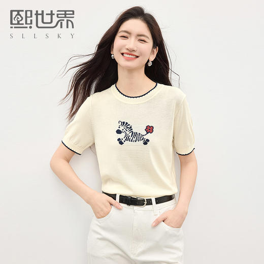 熙世界小马提花针织衫女短袖2025夏新款百搭宽松圆领薄款冰丝上衣 商品图0