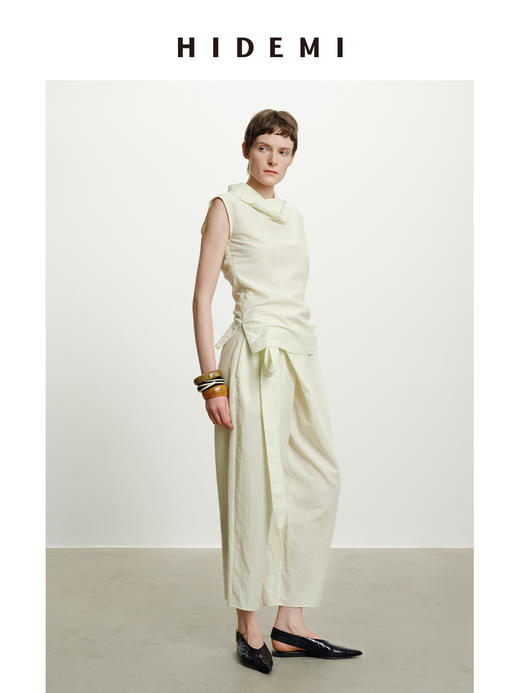 HIDEMI极简设计感不对称扭扭腰拉链破缝多穿式清透感可再生天丝背心茧型裤套装 堆堆领背心/不对称绑带茧型裤  奶茶米/杏仁绿 商品图6