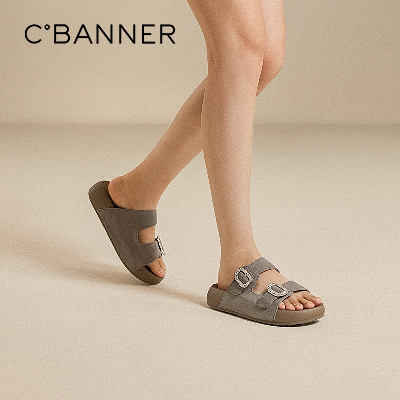 千百度魔术贴勃肯鞋女款厚底复古露趾外穿沙滩凉拖鞋A25301302