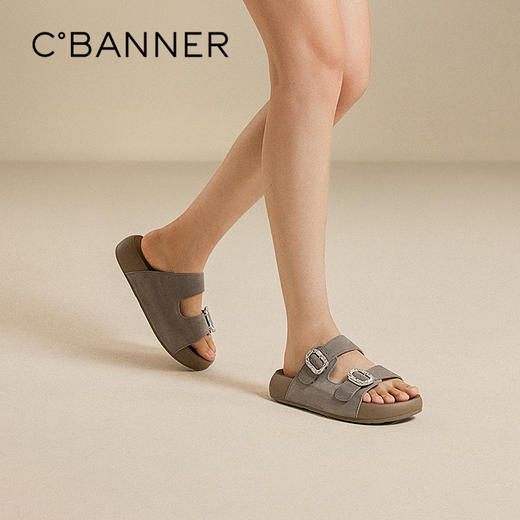 千百度魔术贴勃肯鞋女款厚底复古露趾外穿沙滩凉拖鞋A25301302 商品图0