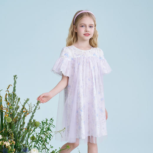 mettekids儿童连衣裙2025夏季新款纱裙女童法式碎花紫色大童裙子 商品图4