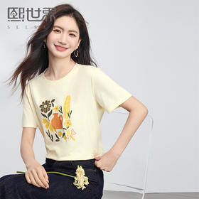 【专属特价】熙世界创意植物印花T恤女短袖2025夏新款休闲圆领设计感正肩上衣