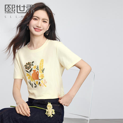 【专属特价】熙世界创意植物印花T恤女短袖2025夏新款休闲圆领设计感正肩上衣 商品图0