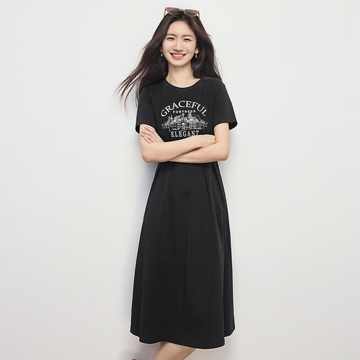 【专属特价】熙世界美式复古印花连衣裙女夏装休闲收腰修身黑色纯棉短袖T恤裙 商品图3