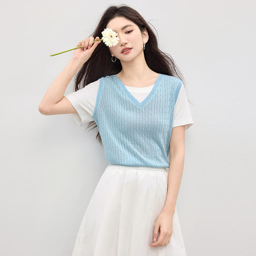 【周末秒杀】熙世界撞色短袖假两件针织衫女夏2025新款设计感正肩T恤拼接上衣 商品图3